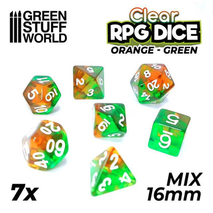 GreenStuffWorld - 7x Mix 16mm Dice - Arancione e Verde Trasparente