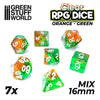 GreenStuffWorld - 7x Mix 16mm Dice - Arancione e Verde Trasparente