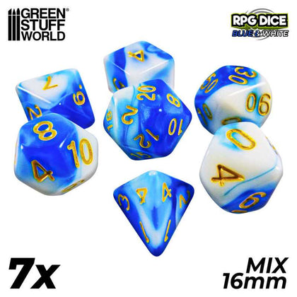 GreenStuffWorld - 7x Mix 16mm Dice -  Blu e Bianco