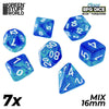 GreenStuffWorld - 7x Mix 16mm Dice - Blu e Turchese Trasparente