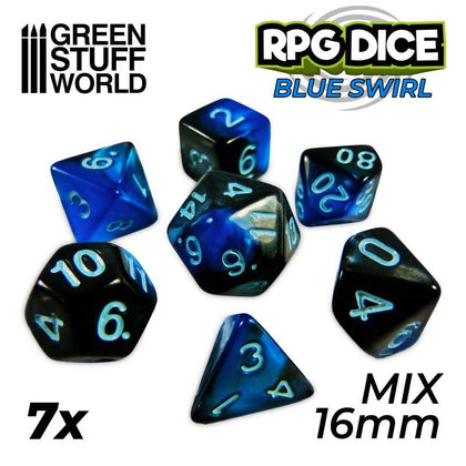 GreenStuffWorld - 7x Mix 16mm Dice - Blu Marmo