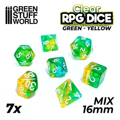 GreenStuffWorld - 7x Mix 16mm Dice - Verde e Giallo Trasparente