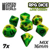 GreenStuffWorld - 7x Mix 16mm Dice - Lime Marmo